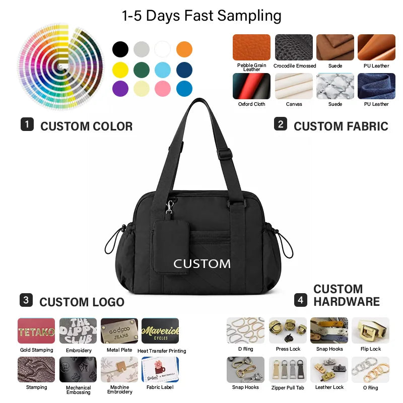 Quilted Travel Gym Bag, Yoga Mat Bottom Straps Large Capacity Weekend Duffel, Detachable Pouch, OEM/ODM Low MOQ Wholesale