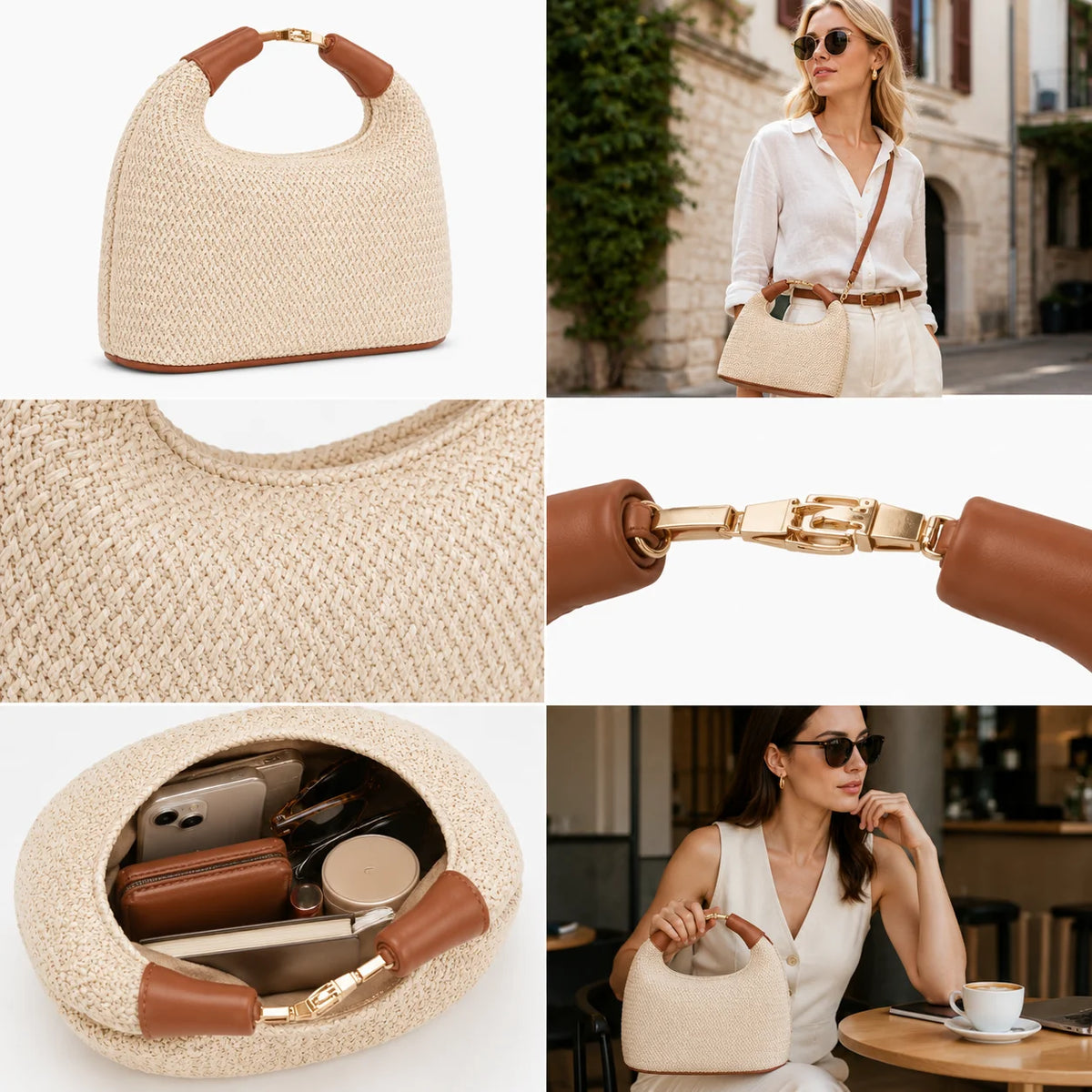 Raffia Crochet Half Moon Hobo Bag BSCI Private Label Crescent Straw Woven Summer Resort Shoulder Bag with Premium Leather Handle