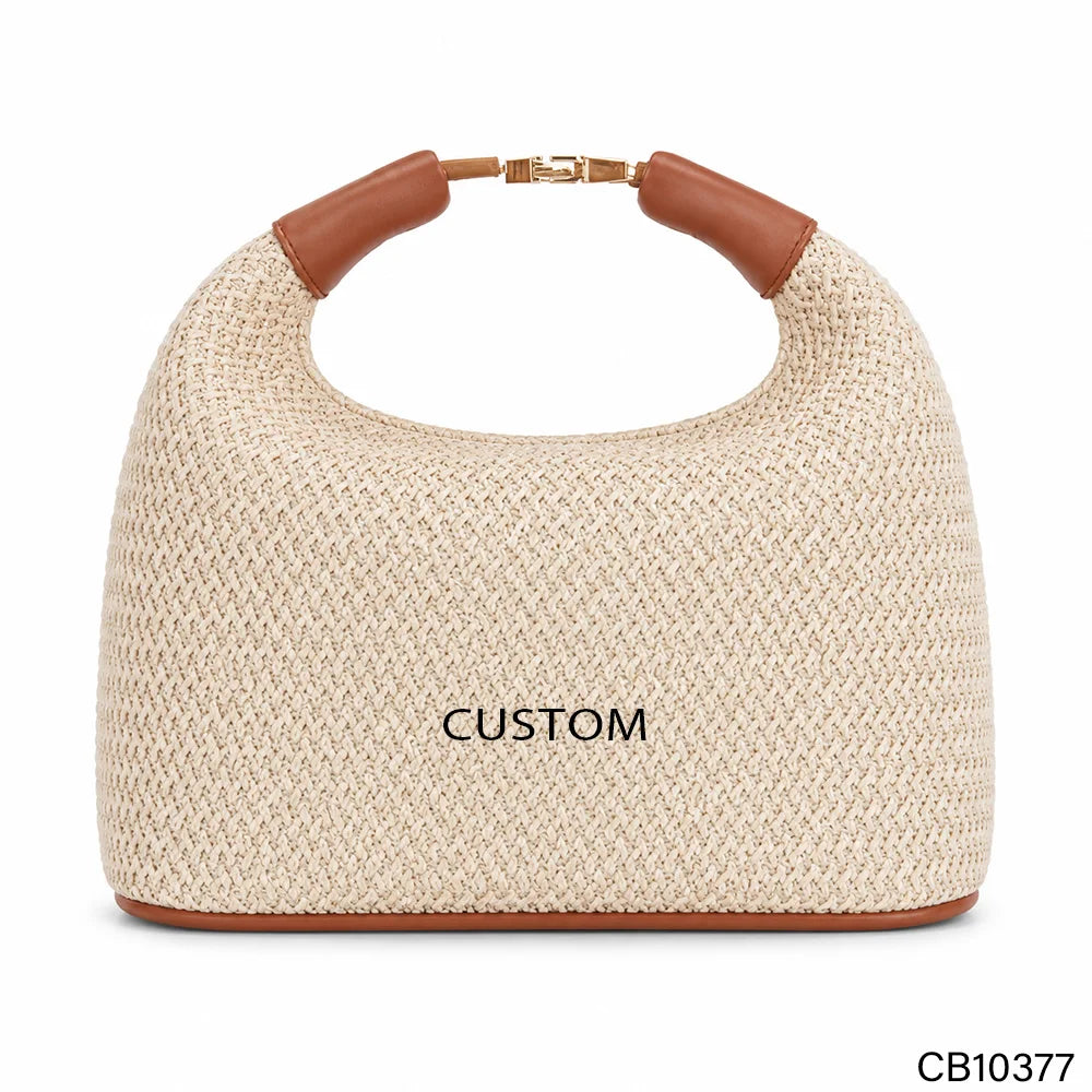 Raffia Crochet Half Moon Hobo Bag BSCI Private Label Crescent Straw Woven Summer Resort Shoulder Bag with Premium Leather Handle