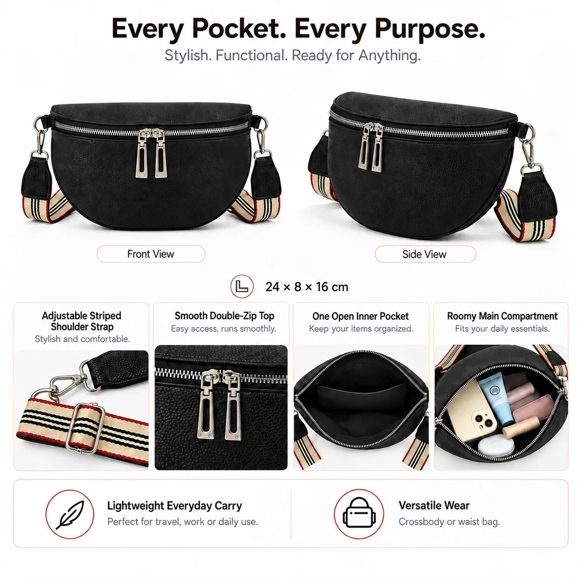 Recycled PU Leather Belt Bag Waist Pack Fanny Pack Crossbody Double Zip Custom Logo OEM ODM Private Label Wholesale