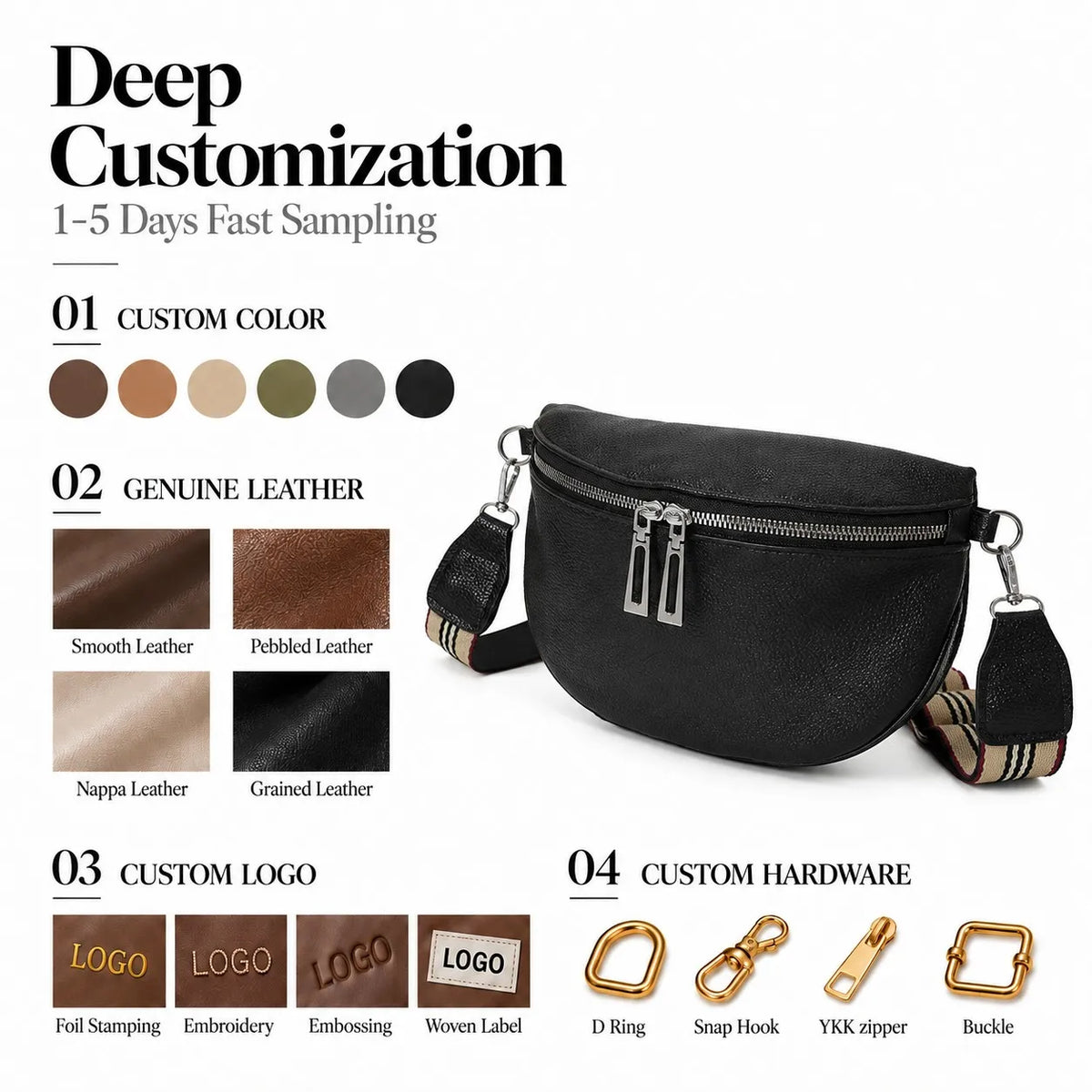 Recycled PU Leather Belt Bag Waist Pack Fanny Pack Crossbody Double Zip Custom Logo OEM ODM Private Label Wholesale
