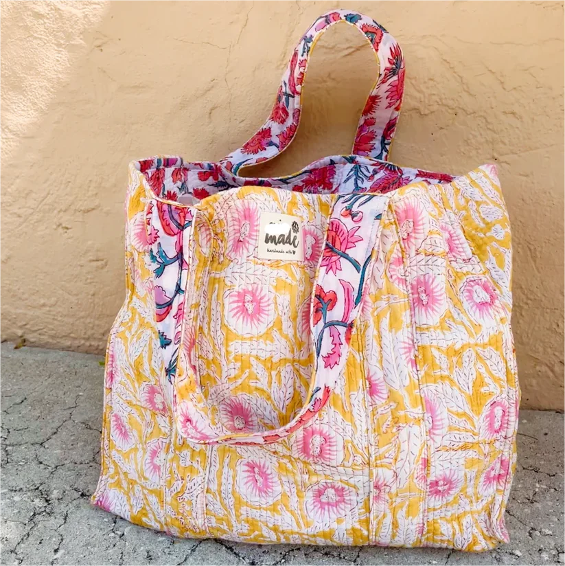 Reversible Design Flower Printed Casual Practical Beach Quilted Cotton Tote Bag