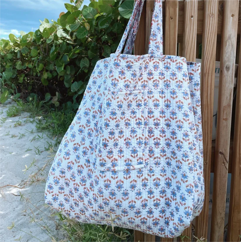 Reversible Design Flower Printed Casual Practical Beach Quilted Cotton Tote Bag