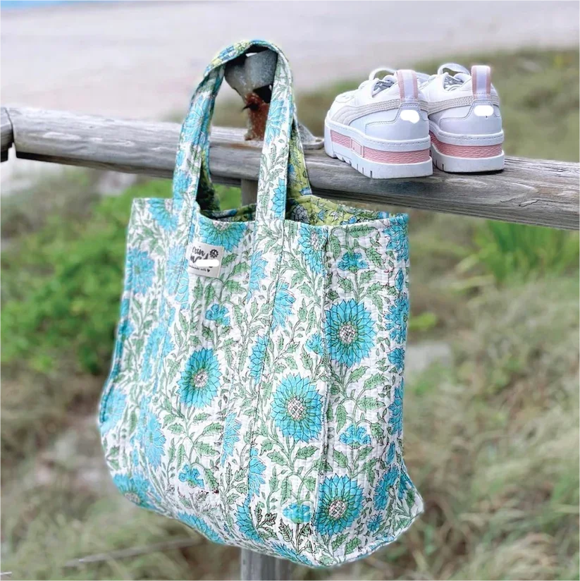 Reversible Design Flower Printed Casual Practical Beach Quilted Cotton Tote Bag