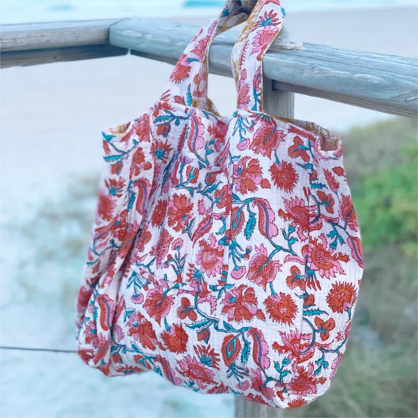 Reversible Design Flower Printed Casual Practical Beach Quilted Cotton Tote Bag