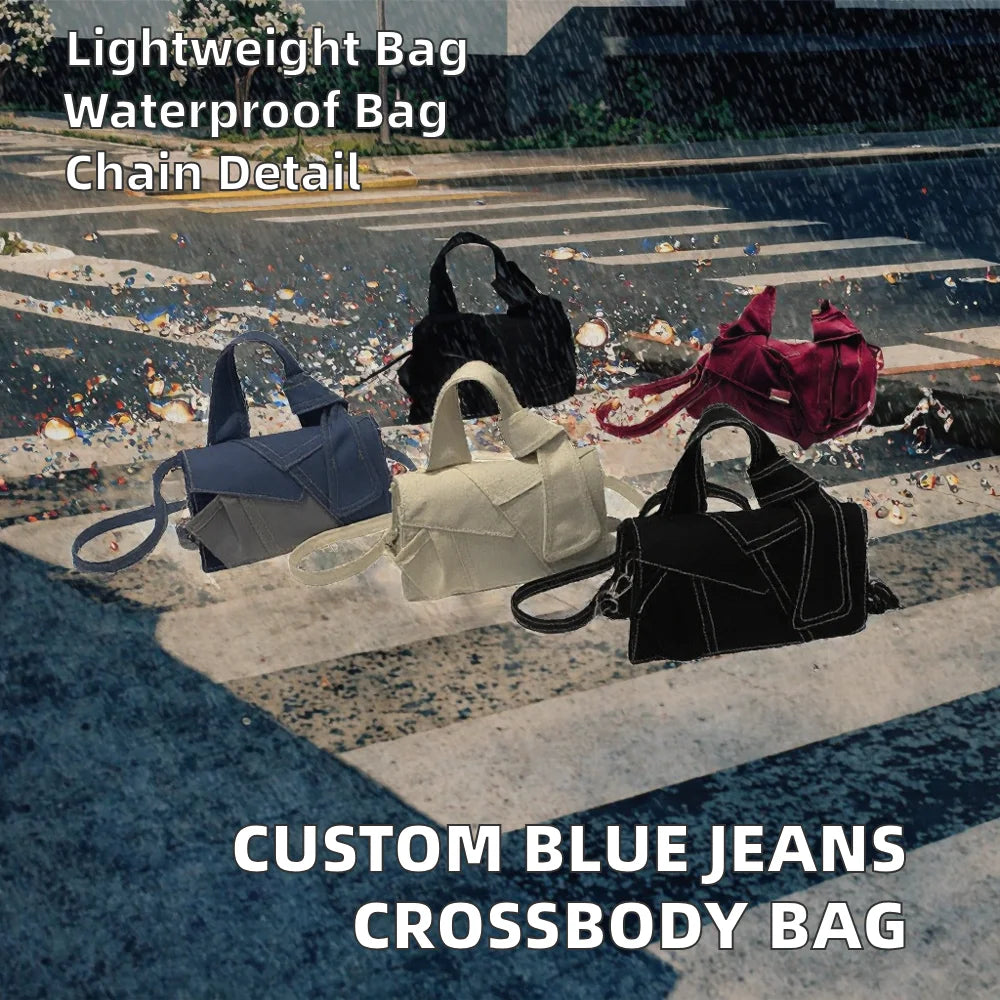 SH0512 Custom Blue Canvas Women's Fashion Portable Zipper Chains Lightweight Cross-Body/Shoulder Bag Waterproof Polyester Lining