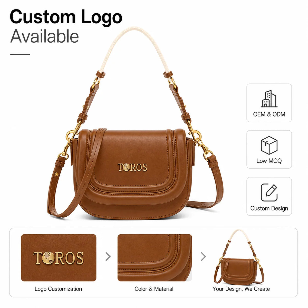 Saddle Handbag Women's Trendy PU Leather Sling Handbag Vintage Style with Zipper Closure Customizable Logo Ladies Shoulder Bag