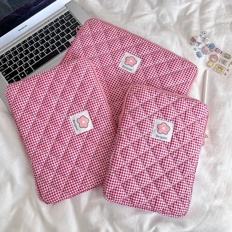 Sale Makeup Bag Custom Quilted Notebook Computer Pouch Fashion Cotton Plaid Laptop Protective Bag Mini Flower Laptop Sleeve Bag