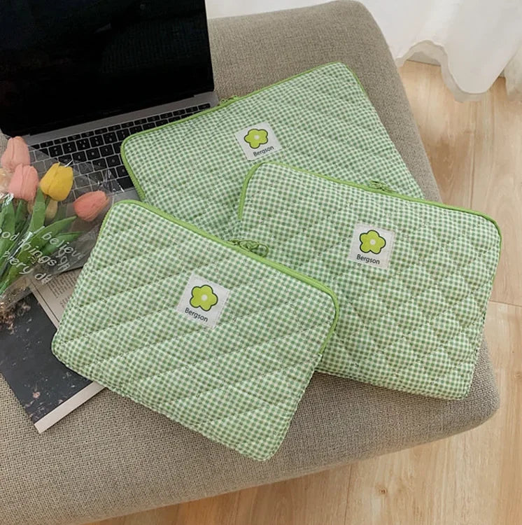 Sale Makeup Bag Custom Quilted Notebook Computer Pouch Fashion Cotton Plaid Laptop Protective Bag Mini Flower Laptop Sleeve Bag