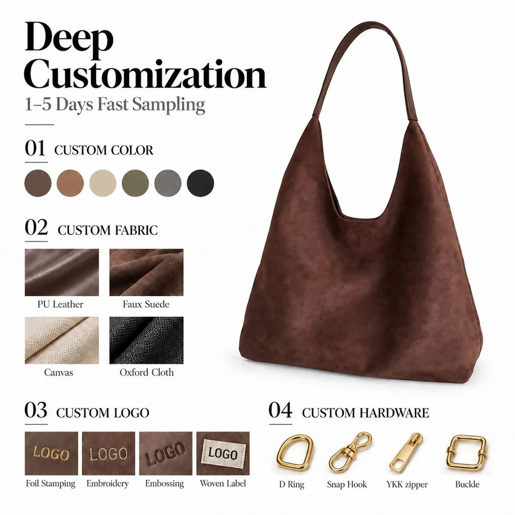 Slouch Series Soft Matte Vegan Suede Hobo Shoulder Bag Large Capacity Inner Pouch Private Label OEM ODM Custom Logo