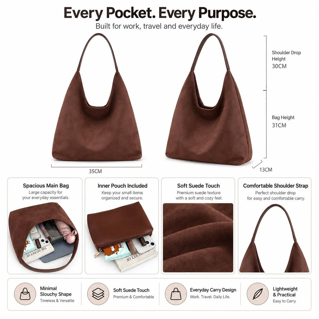 Slouch Series Soft Matte Vegan Suede Hobo Shoulder Bag Large Capacity Inner Pouch Private Label OEM ODM Custom Logo