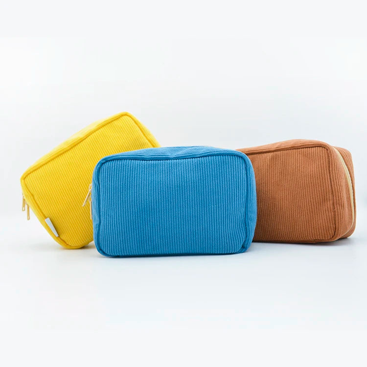 Small Personal Custom Logo Green Zipper Corduroy Makeup Bag for Women