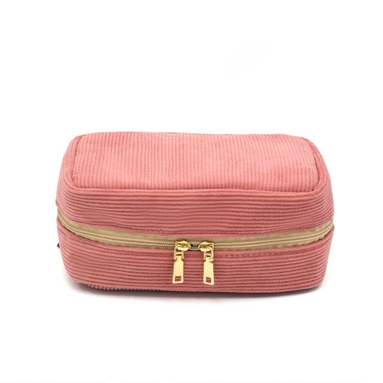 Small Personal Custom Logo Green Zipper Corduroy Makeup Bag for Women