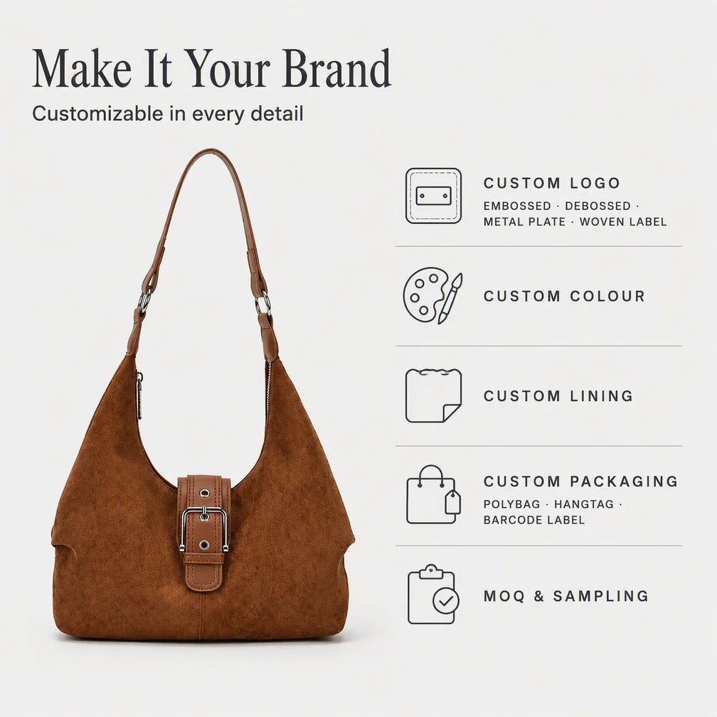 Soft Suede Mini Hobo Bag Chain Accent Small Shoulder Purse OEM ODM Private Label BSCI Certified Factory Polyester Lining