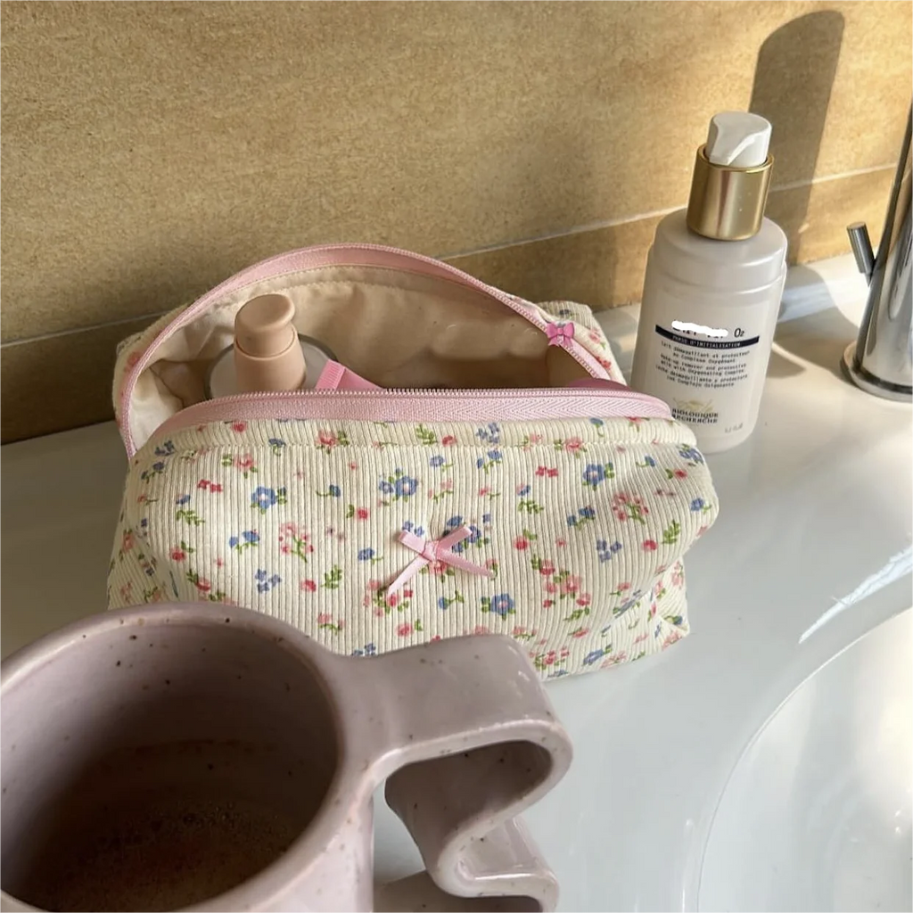 Spring pink Floral Pattern Cosmetic Bag Large Travel Toiletry Bag Folding Strip Corduroy Makeup Bag with Flower Decoration