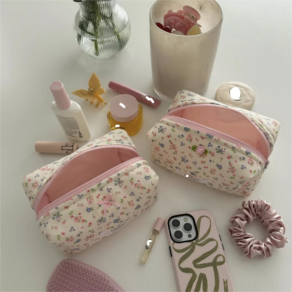 Spring pink Floral Pattern Cosmetic Bag Large Travel Toiletry Bag Folding Strip Corduroy Makeup Bag with Flower Decoration