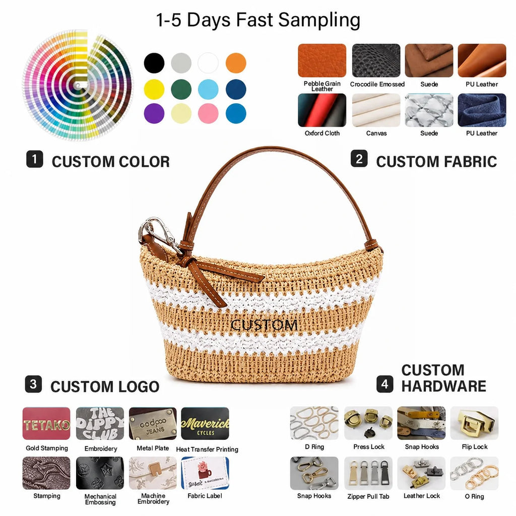 Straw Jute Bag, Handwoven Straw Crescent Bag,, Multi-Color Custom Logo, OEM/ODM Factory Direct Wholesale
