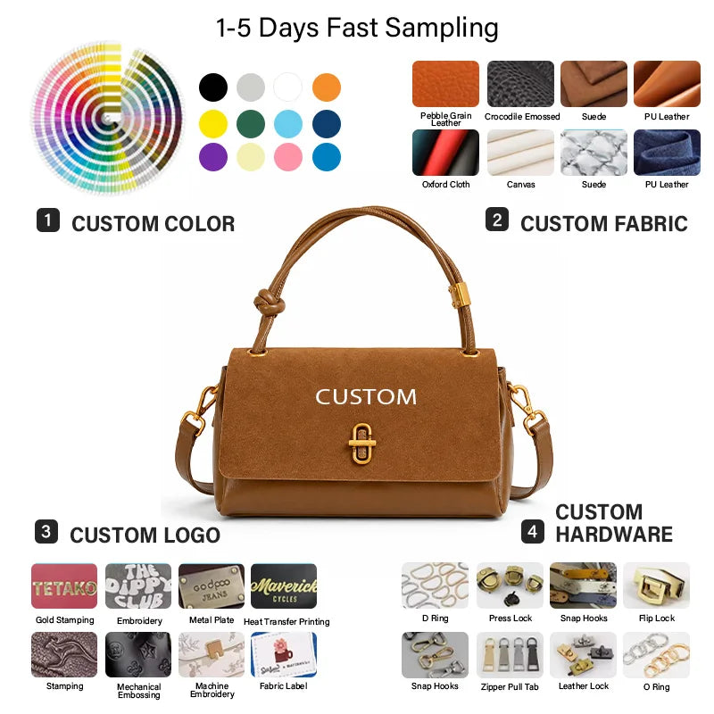 Suede Flap Handbag Crossbody Bag,Smooth Leather Dual-Texture Pane, Multi-Color Custom Logo, OEM/ODM Factory Direct Wholesale