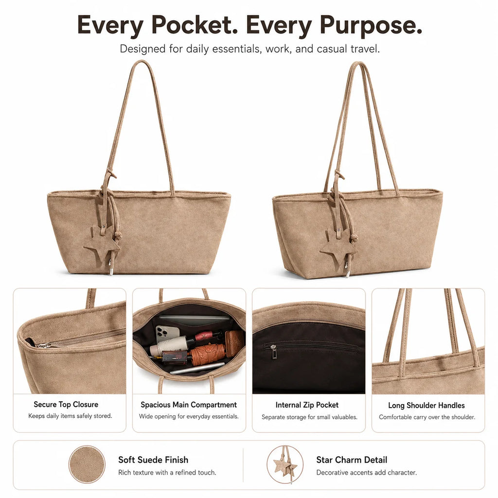 Suede Tote Shoulder Bag, Star Charm + Knotted Strap Design, Top Zip Secure Closure, Multi-Color Custom Logo, OEM/ODM Wholesale