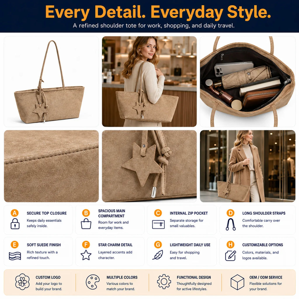 Suede Tote Shoulder Bag, Star Charm + Knotted Strap Design, Top Zip Secure Closure, Multi-Color Custom Logo, OEM/ODM Wholesale