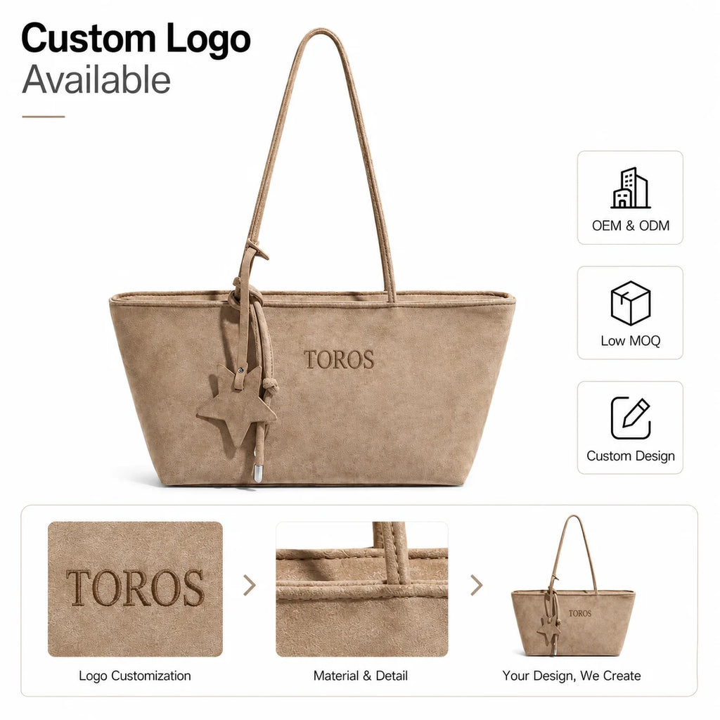 Suede Tote Shoulder Bag, Star Charm + Knotted Strap Design, Top Zip Secure Closure, Multi-Color Custom Logo, OEM/ODM Wholesale
