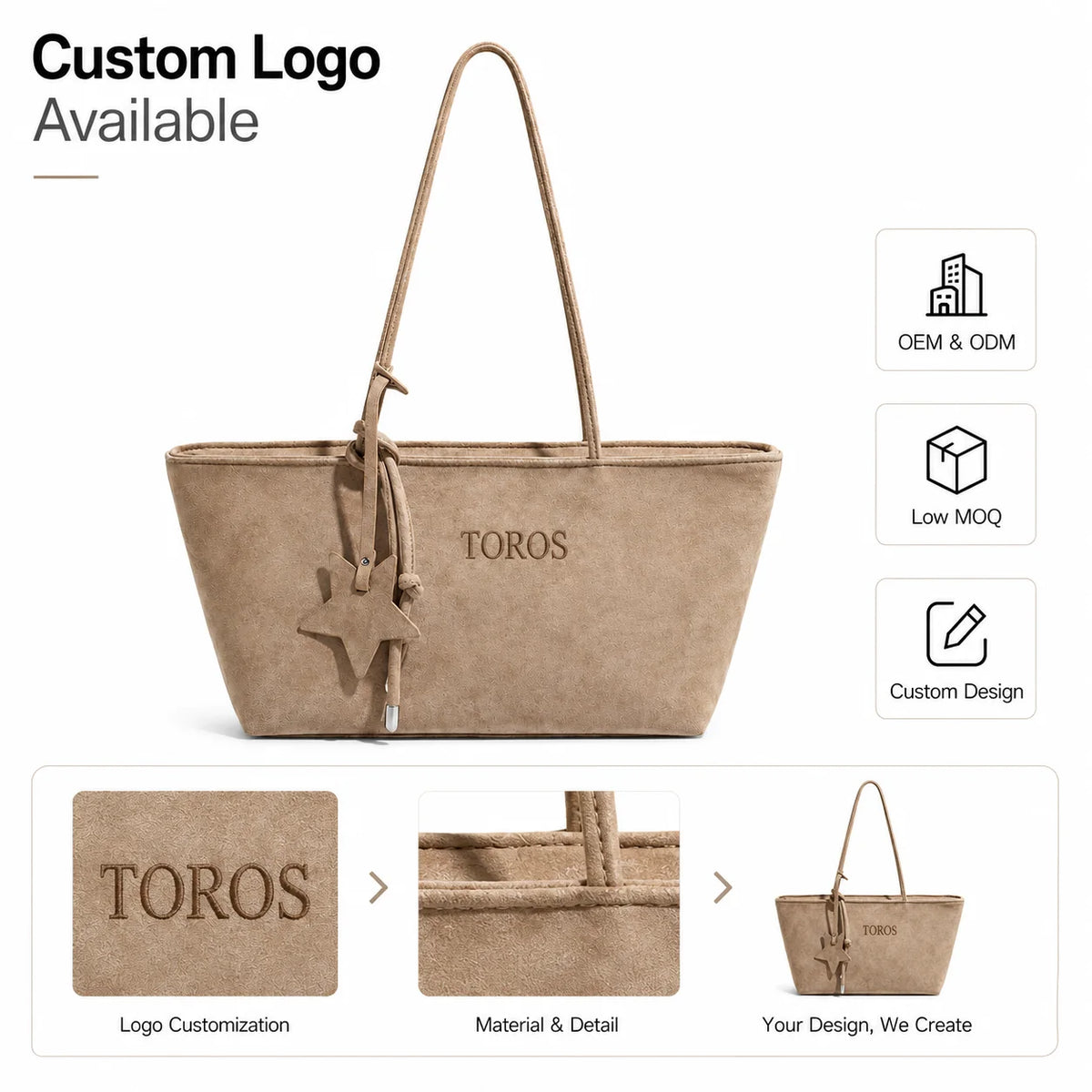 Suede Tote Shoulder Bag, Star Charm + Knotted Strap Design, Top Zip Secure Closure, Multi-Color Custom Logo, OEM/ODM Wholesale