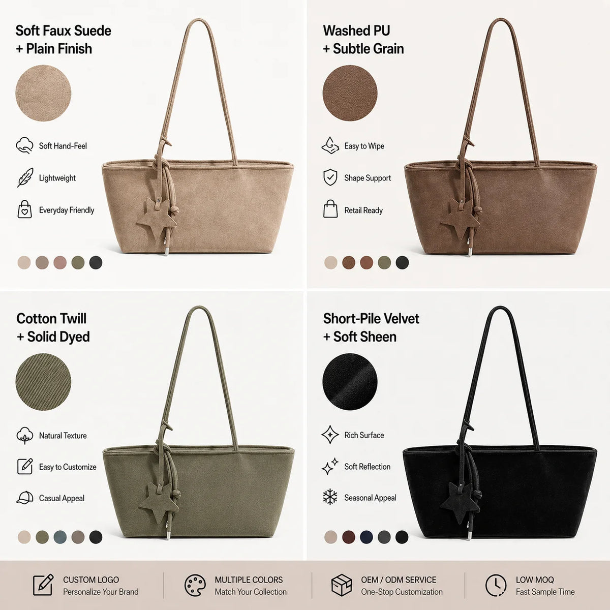 Suede Tote Shoulder Bag, Star Charm + Knotted Strap Design, Top Zip Secure Closure, Multi-Color Custom Logo, OEM/ODM Wholesale