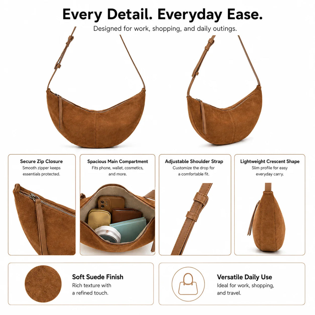 Suede Twill Custom Crescent Shoulder Bag Faux Velvet with Adjustable Strap Zip Closure OEM ODM Custom Logo BSCI Factory