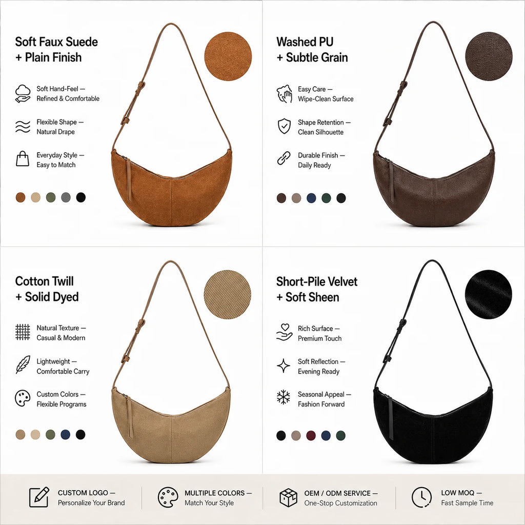 Suede Twill Custom Crescent Shoulder Bag Faux Velvet with Adjustable Strap Zip Closure OEM ODM Custom Logo BSCI Factory