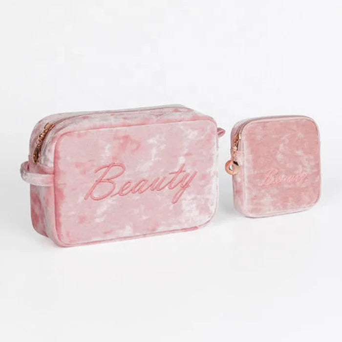 Suede Velvet Custom Pouch Luxury Beauty Makeup Bag Zipper Closure Travel Professional Cosmetic Bag Black with Embroidery Logo