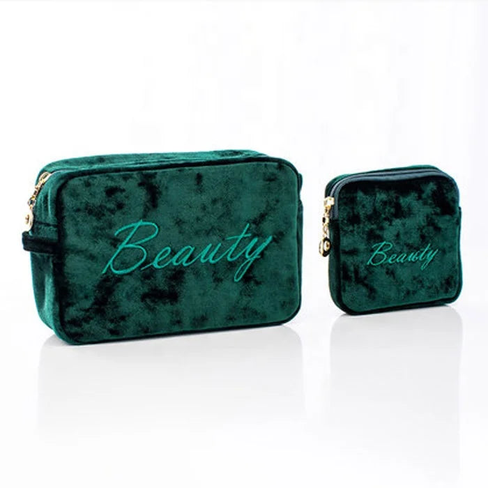 Suede Velvet Custom Pouch Luxury Beauty Makeup Bag Zipper Closure Travel Professional Cosmetic Bag Black with Embroidery Logo