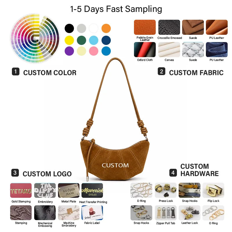 Suede Women's Custom Wholesale Slouchy Style Quiet custom made Retro Horn Bag Dumpling Bag Crescent Zipper Closure Shoulder