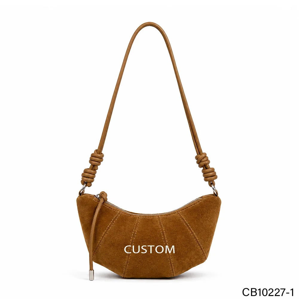 Suede Women's Custom Wholesale Slouchy Style Quiet custom made Retro Horn Bag Dumpling Bag Crescent Zipper Closure Shoulder
