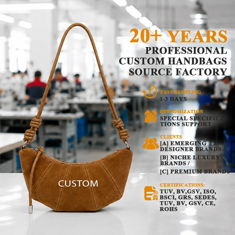Suede Women's Custom Wholesale Slouchy Style Quiet custom made Retro Horn Bag Dumpling Bag Crescent Zipper Closure Shoulder