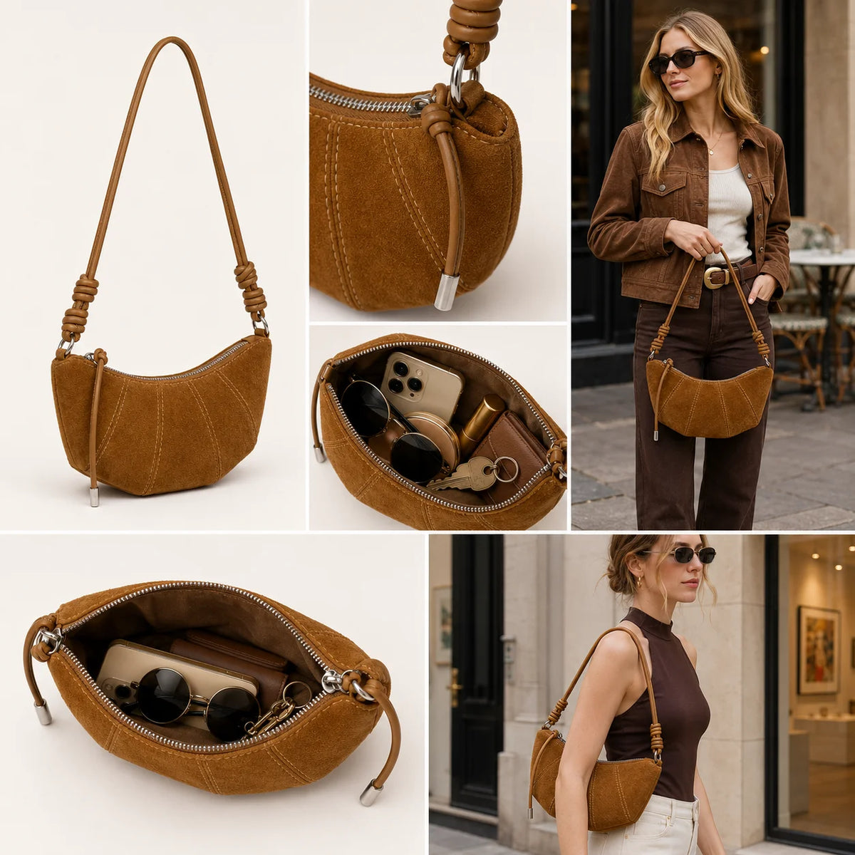 Suede Women's Custom Wholesale Slouchy Style Quiet custom made Retro Horn Bag Dumpling Bag Crescent Zipper Closure Shoulder