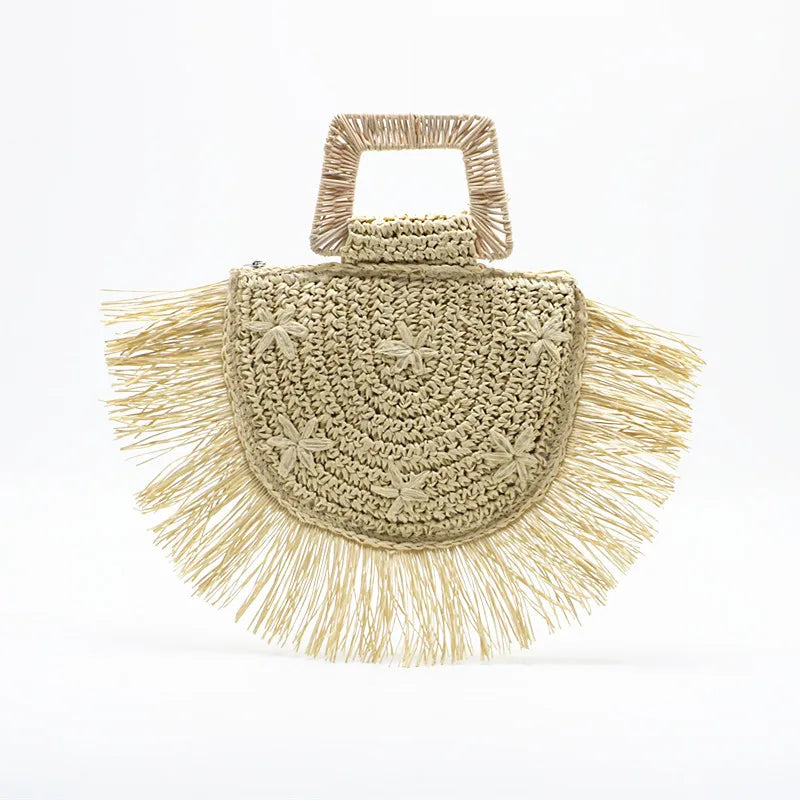 Summer Fashion Ladies Knit Straw Bag Rattan Handle Beach Raffia Tote Woman Bag