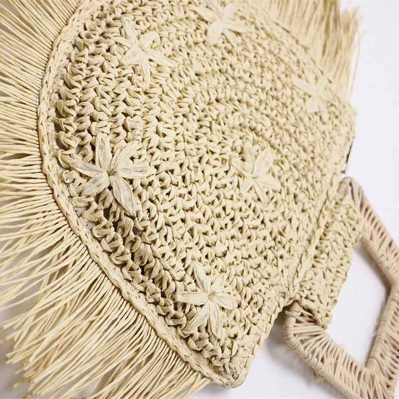 Summer Fashion Ladies Knit Straw Bag Rattan Handle Beach Raffia Tote Woman Bag