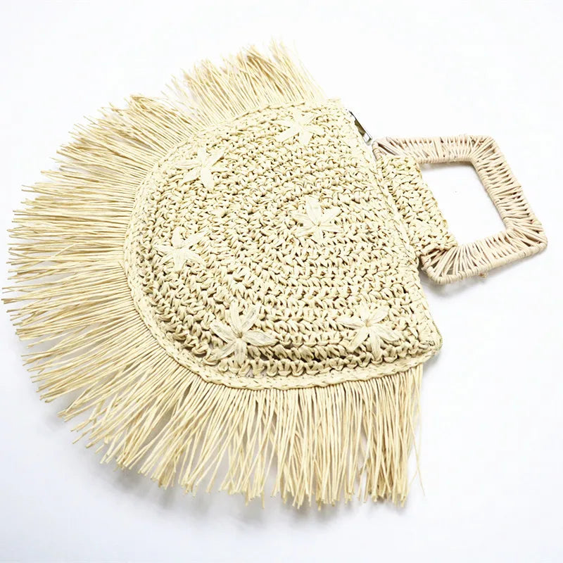 Summer Fashion Ladies Knit Straw Bag Rattan Handle Beach Raffia Tote Woman Bag