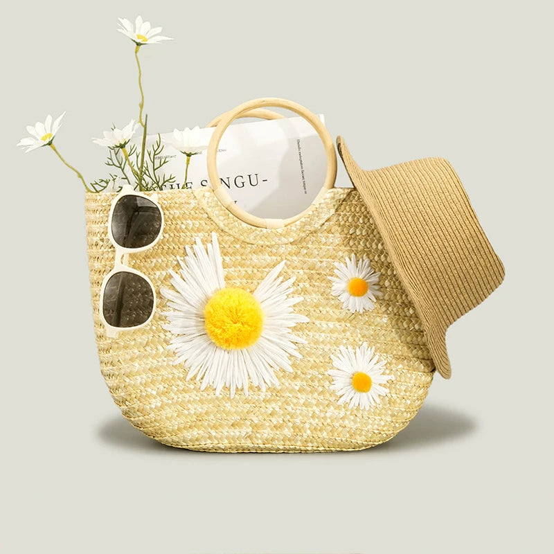Summer New Embroidered Pattern Straw Bag Small Chrysanthemum Handbag