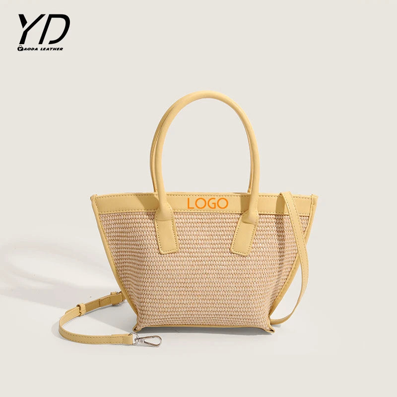Summer New Women's Simple Grass Woven Handheld Tote Bag Fashion Beach Vacation Customizable Tote Bag