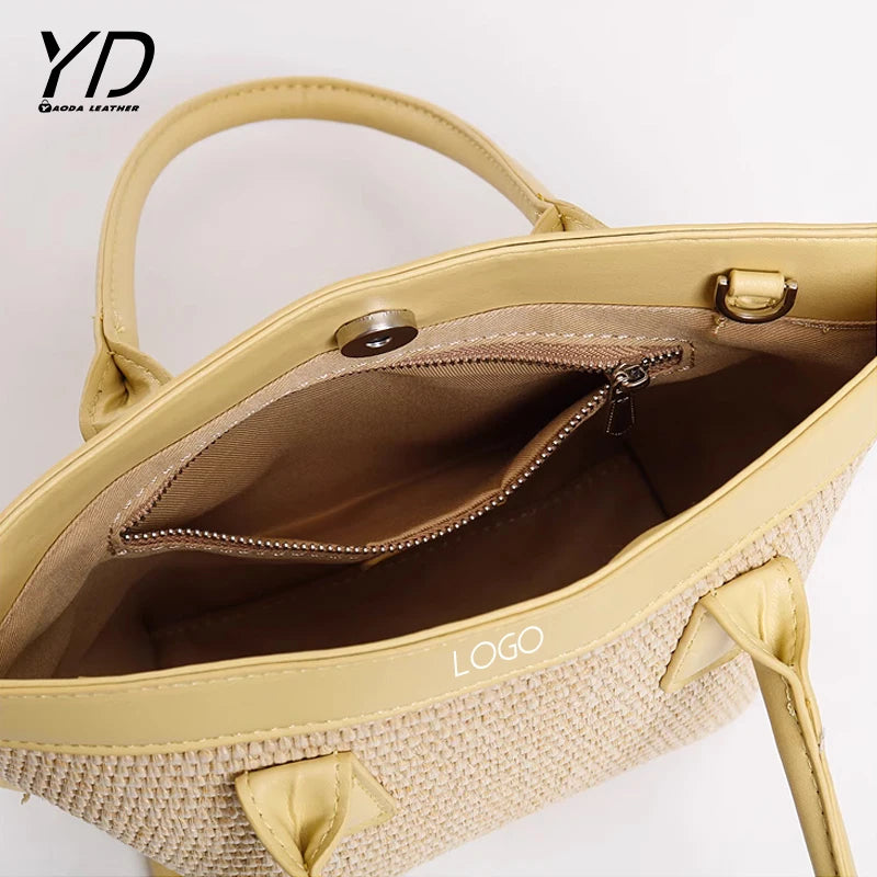 Summer New Women's Simple Grass Woven Handheld Tote Bag Fashion Beach Vacation Customizable Tote Bag