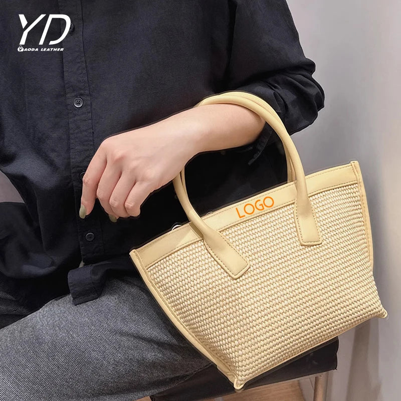 Summer New Women's Simple Grass Woven Handheld Tote Bag Fashion Beach Vacation Customizable Tote Bag
