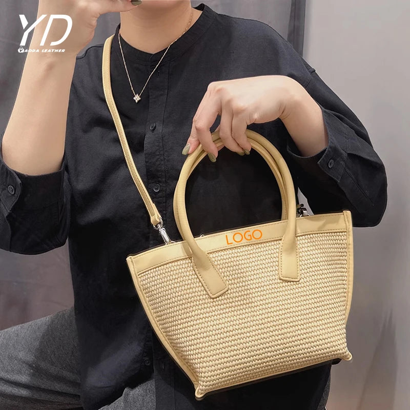 Summer New Women's Simple Grass Woven Handheld Tote Bag Fashion Beach Vacation Customizable Tote Bag