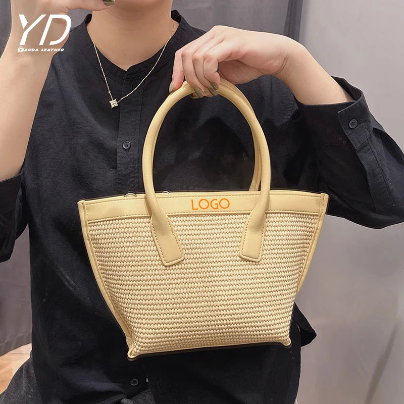 Summer New Women's Simple Grass Woven Handheld Tote Bag Fashion Beach Vacation Customizable Tote Bag