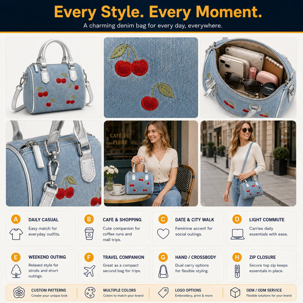 Sweet Cherry Handbag for Women Denim Blue Super Popular Small Clutch Bag for Work