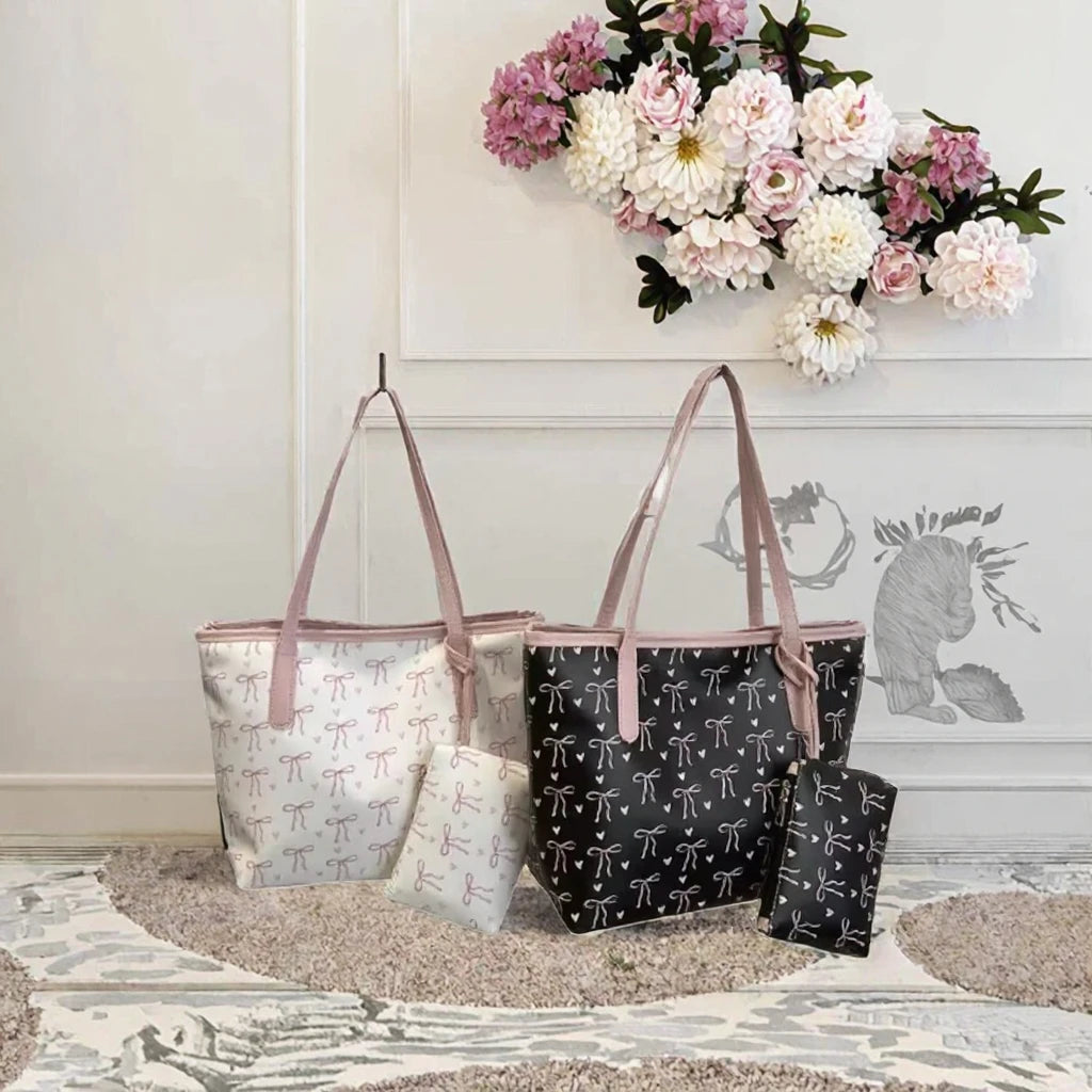 THK0524 New Large Polyester Zip Tote Bag with Purses Set Bow Printed Fashionable Trend Shoulder Handbags