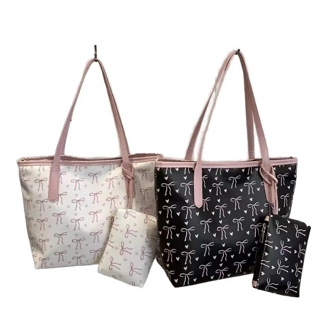 THK0524 New Large Polyester Zip Tote Bag with Purses Set Bow Printed Fashionable Trend Shoulder Handbags