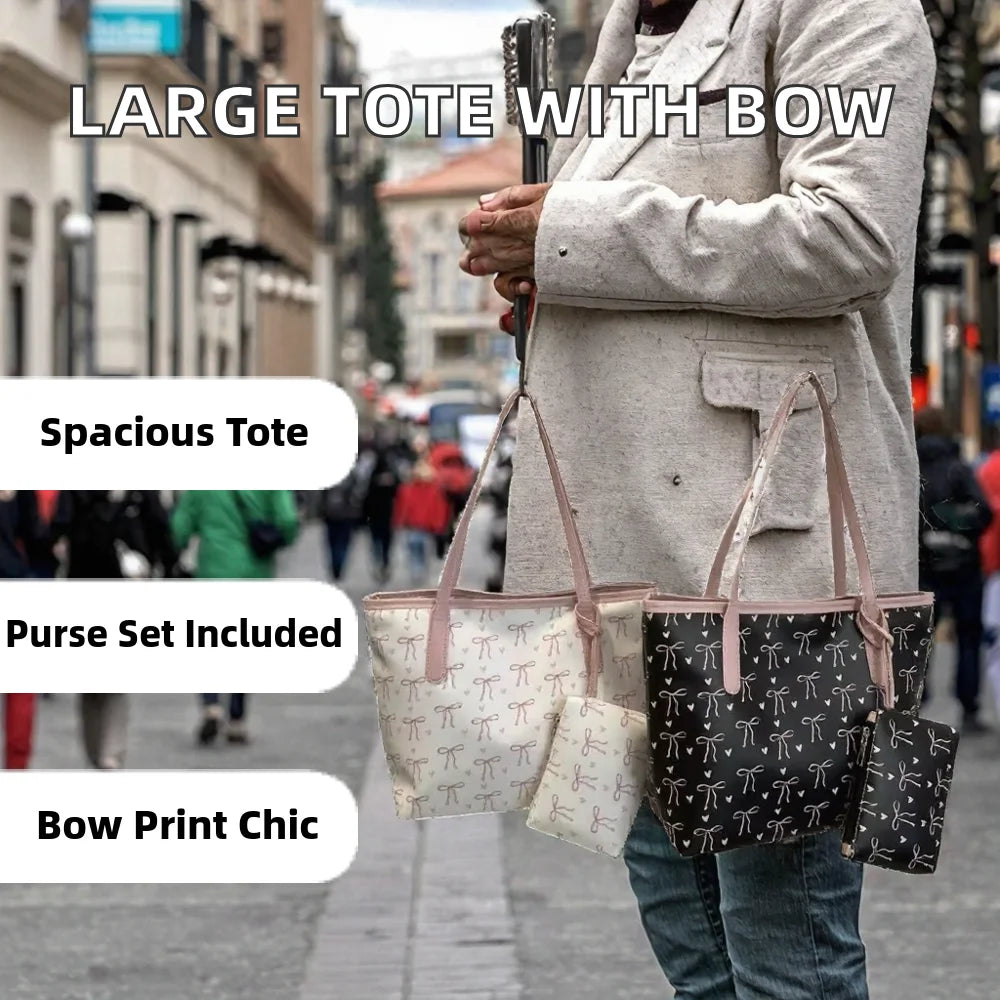 THK0524 New Large Polyester Zip Tote Bag with Purses Set Bow Printed Fashionable Trend Shoulder Handbags