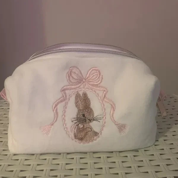 Teddy Bear with Bow Embroidered Cute Makeup Bag Coquette Pink Toiletry Cosmetic Bag Pink Towel Beauty Pouch
