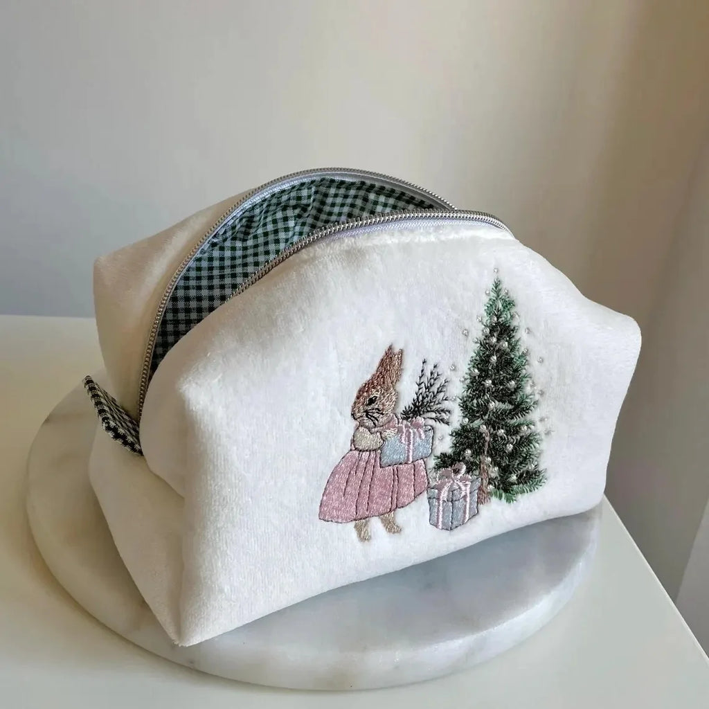 Teddy Bear with Bow Embroidered Cute Makeup Bag Coquette Pink Toiletry Cosmetic Bag Pink Towel Beauty Pouch